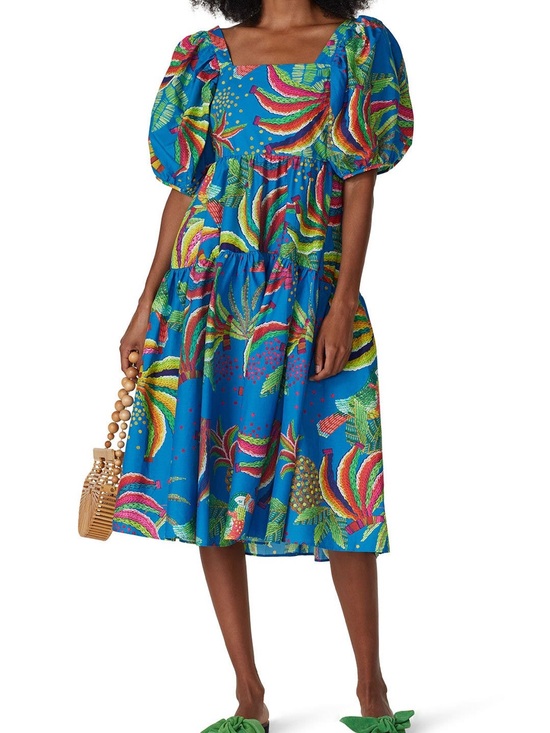 FARM Rio Dresses & Skirts - Farm Rio Tropics Tiered Midi Dress Size XS Blue Banana Print Puff Sleeve Cotton